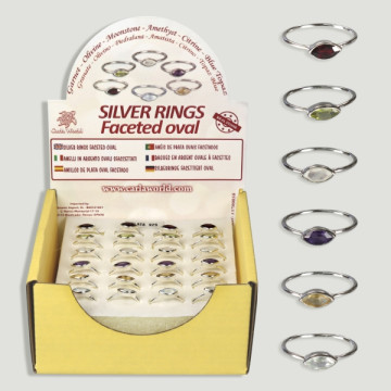 Assorted mineral faceted oval silver ring display