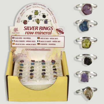 Assorted mineral raw silver rings display