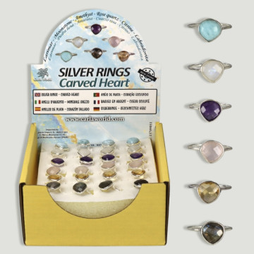 Assorted carved heart silver ring display