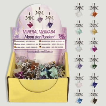 Merkaba pendant display + assorted mineral moon star