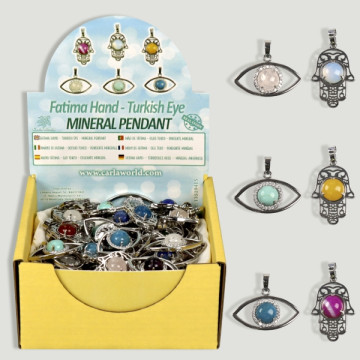 Silverplated Pendant Display Fatima Hand/Assorted Mineral Eye