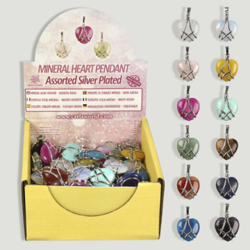 Silverplated heart pendant display with assorted mineral metal