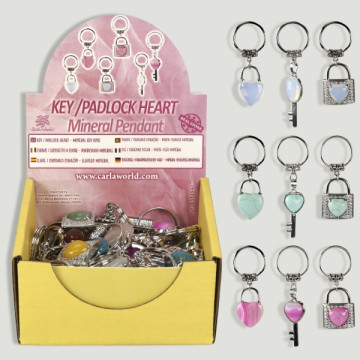 Assorted mineral key ring display heart shapes key/padlock