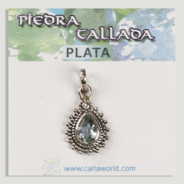 Faceted Blue Topaz Carved Silver Drop Pendant