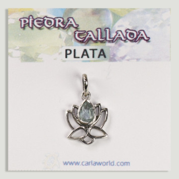 Colgante Plata flor loto cabujón Topacio azul facetado