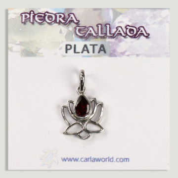 Pingente de flor de lótus cabochão granada facetada prateada