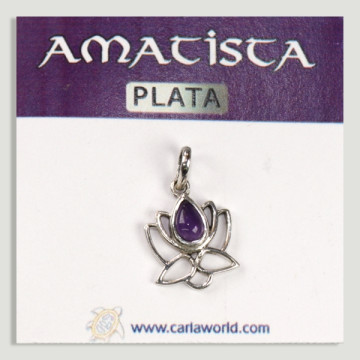 Pingente de flor de lótus cabochão de ametista prateada