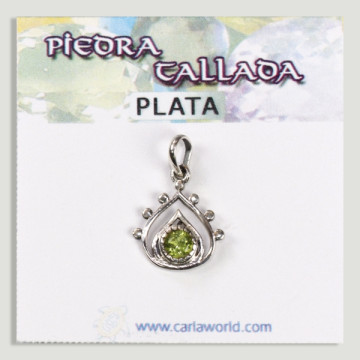 Silver teardrop pendant with small faceted Peridot cabochon