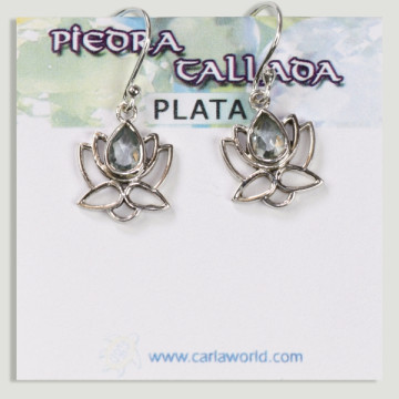 Boucles d'oreilles argent fleur de lotus cabochon topaze bleue facettée