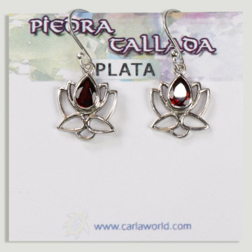 Pendientes Plata flor loto cabujón Granate facetado