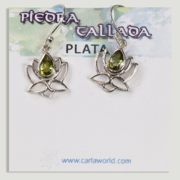 Silver Lotus Flower Cabochon Faceted Peridot Earrings