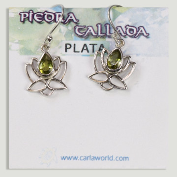 Pendientes Plata flor loto cabujón Peridoto facetado