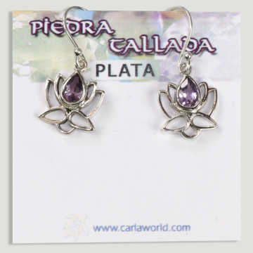 Silver Lotus Flower Cabochon Faceted Amethyst Earrings
