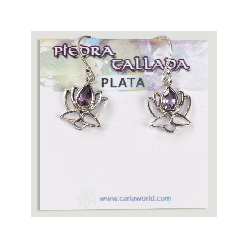 Pendientes Plata flor loto cabujón Amatista facetado Pendientes Plata flor loto cabujón Amatista facetado