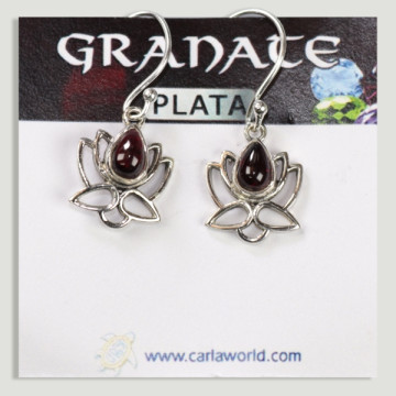 Pendientes Plata flor loto cabujón Granate