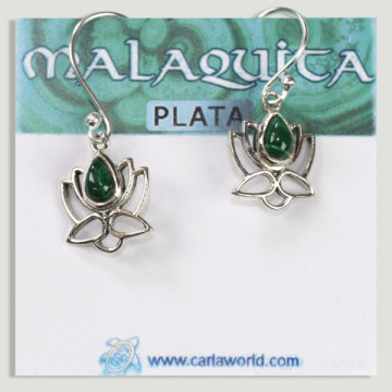 Pendientes Plata flor loto cabujón Malaquita