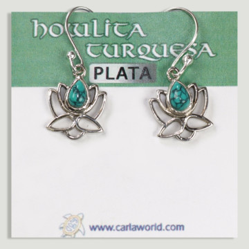 Silver Lotus Flower Cabochon Turquoise Earrings