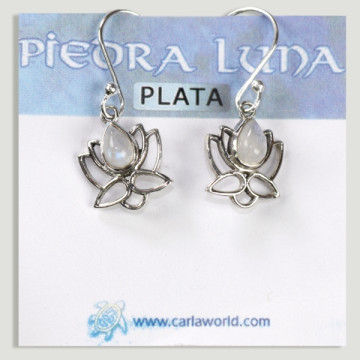 Silver Lotus Flower Cabochon Piedraluna Earrings