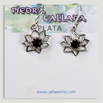 Silver Faceted Garnet Cabochon Flower Earrings