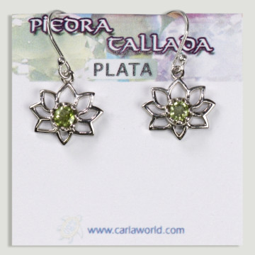 Silver Faceted Peridot cabochon flower earrings