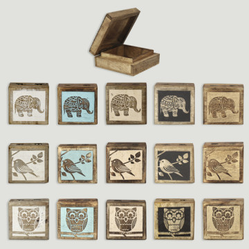 Caja madera Elefante, Búho y Pájaro 10x10x5cm. Colores surtidos