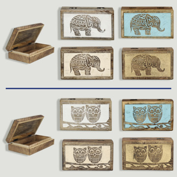 Wooden box. Assorted Elephant/Owl. 17x9.5x4.5cm.