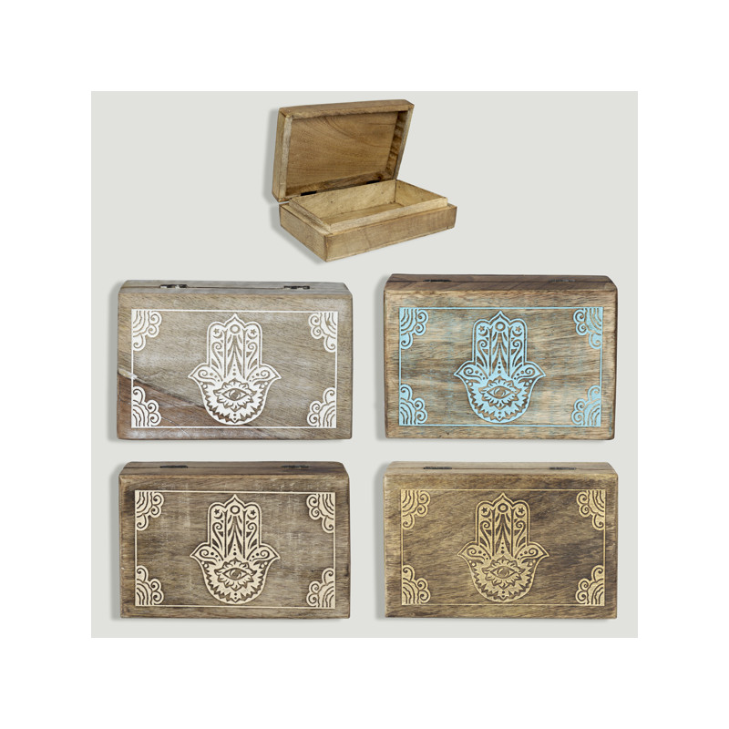 Wooden box. Hand of Fatima assorted colors. 21x13.5x6cm. Wooden box. Hand of Fatima assorted colors. 21x13.5x6cm.