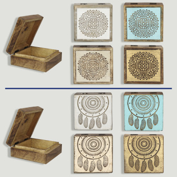 Caja madera Mandala y Cazasueños 14x14x6cm. Colores surtidos