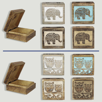 Wooden box. Assorted Elephant/Owl. 14x14x6cm.