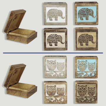 Caja Madera. Elefante/Buho surtidos. 14x14x6cm. 