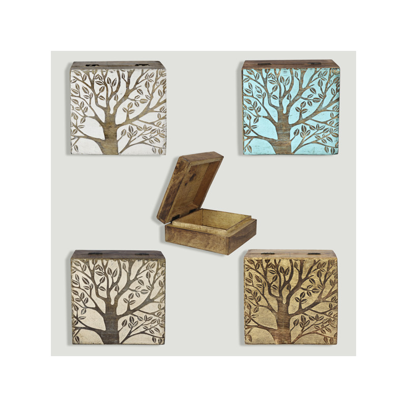 Caja madera Árbol Vida 18x18x8cm. Colores surtidos Caja madera Árbol Vida 18x18x8cm. Colores surtidos