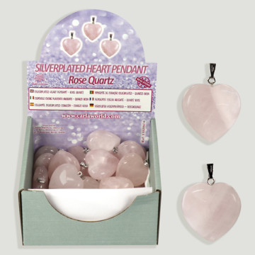 Présentoir pendentif en métal argenté coeur en quartz rose