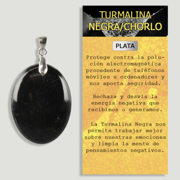 Polished free-form cabochon black tourmaline silver pendant