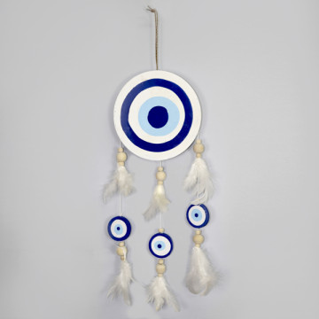 Turkish eye wooden mobile + 3 eyes with feathers 18x50