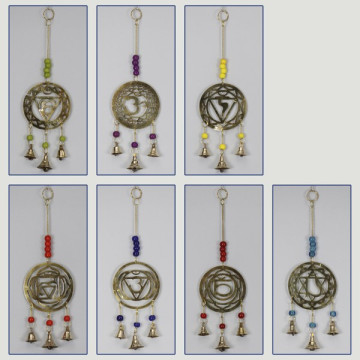 Chakra brass mobile with bell 7.5x23 assorted mineral