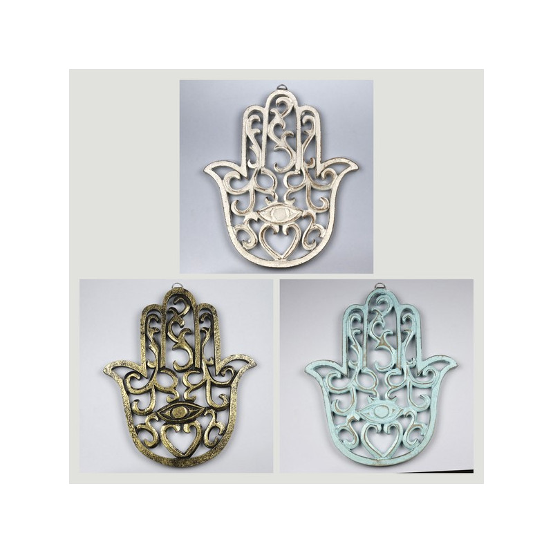 Main de Fatima pour mur en bois 17x20cm coloris assortis Main de Fatima pour mur en bois 17x20cm coloris assortis