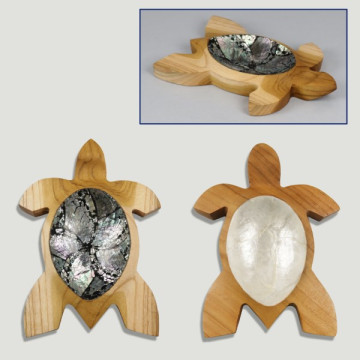 Wooden bowl + mother of pearl or paua turtle models 10x15cm