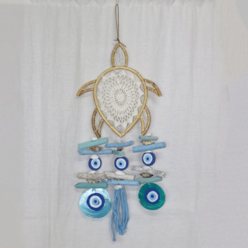 Macrame turtle mobile + wooden eye + capiz 25x70