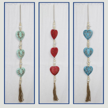 Wooden mobile with stones with fringes 3hearts 1 assorted models
