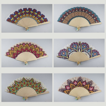 Hook 03, Wooden fan with design: Ethnic - assorted colors