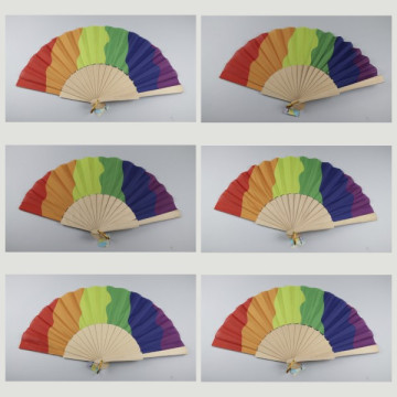Hook 08, Wooden fan with design of: Rainbow - assorted colors