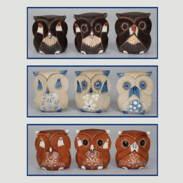Set 3 - Wooden owl 10cm DON'T HEAR - SEE - SPEAK assorted colors