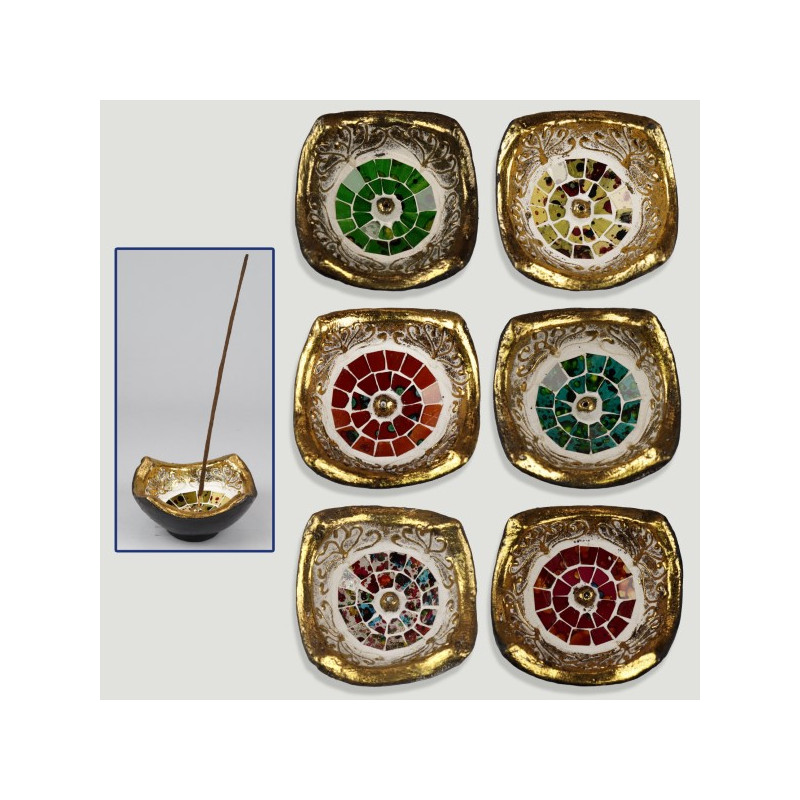 Bol porte-encens en terre cuite bords dorés 10cm coloris assortis Bol porte-encens en terre cuite bords dorés 10cm coloris assortis