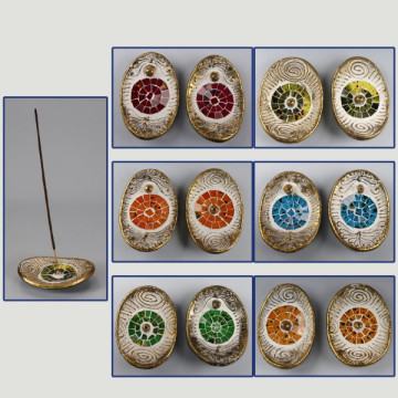 Oval terracotta incense holder with golden edges 11x8cm assorted colors