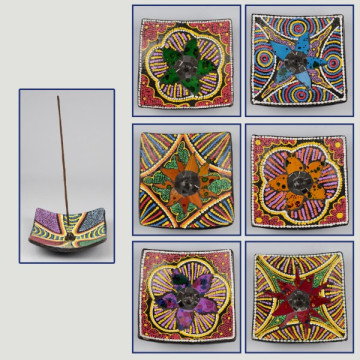 Porte encens carré en terre cuite modèle : mosaïque - points 12cm coloris assortis