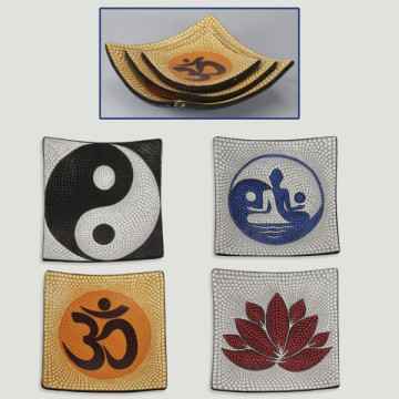 Set 3 - Modèle de bol carré : OM- Fleur de Lotus - Yin Yang – Yoga avec pointes 24 - 20 - 15 cm