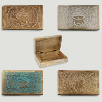 Boîte en bois Tête de Bouddha 21x13,5x6cm couleurs assorties