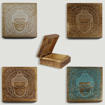 Boîte en bois Tête de Bouddha 18x18x8cm couleurs assorties