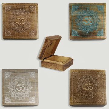 OM Mandala wooden box 18x18x8cm assorted colors