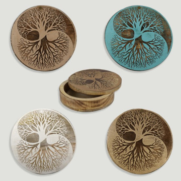 Boîte en bois avec couvercle rotatif arbre Yin Yang 19,5cm coloris assortis